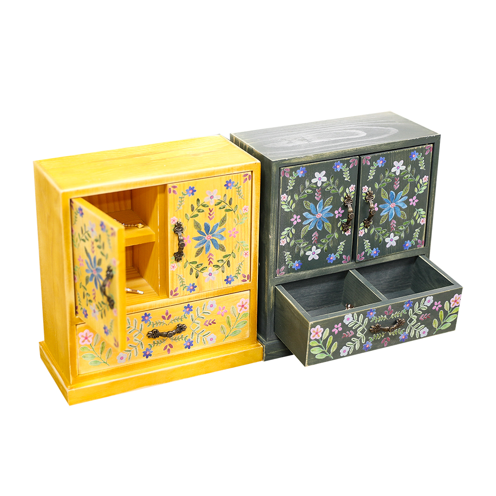 rustic printing pattern color wooden drawer jewelry box  small desktop jewelry storage Cabinet box