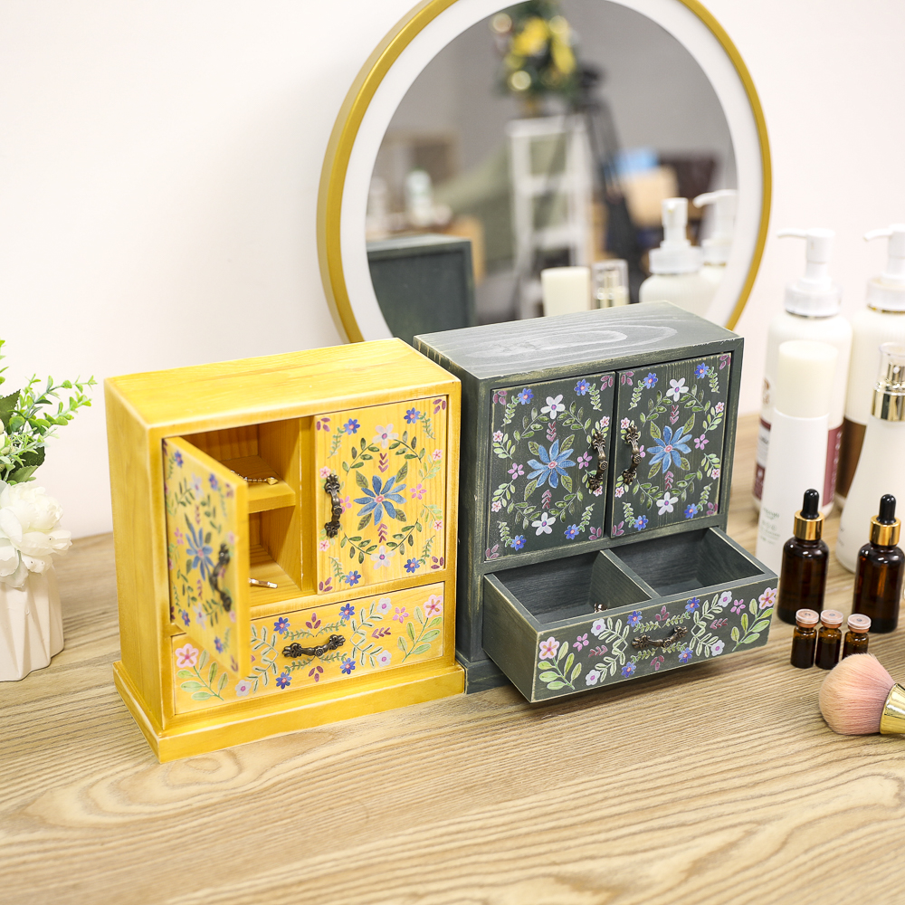 rustic printing pattern color wooden drawer jewelry box  small desktop jewelry storage Cabinet box