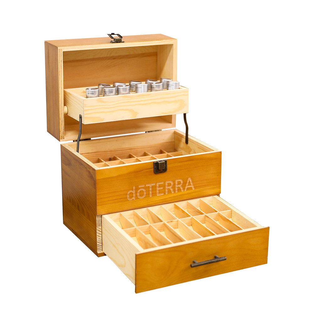 Wooden Doterra Essential Oil Bottle Three Tier Storage Box  46 Compartments Wooden Essential Oil Organizer Box with Drawer