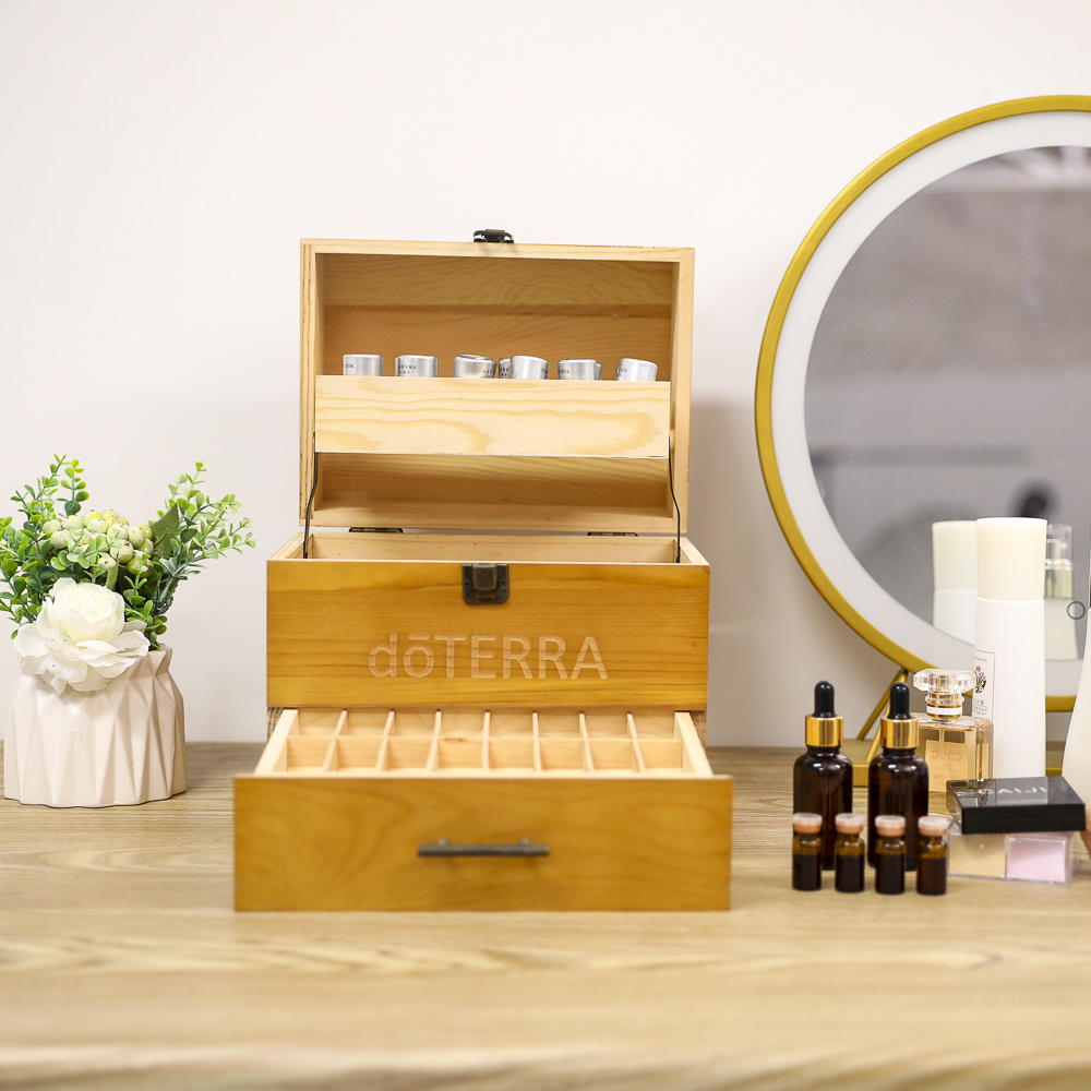 Wooden Doterra Essential Oil Bottle Three Tier Storage Box  46 Compartments Wooden Essential Oil Organizer Box with Drawer