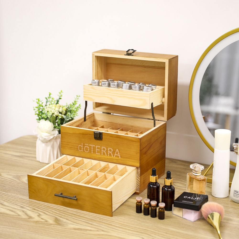 Wooden Doterra Essential Oil Bottle Three Tier Storage Box  46 Compartments Wooden Essential Oil Organizer Box with Drawer