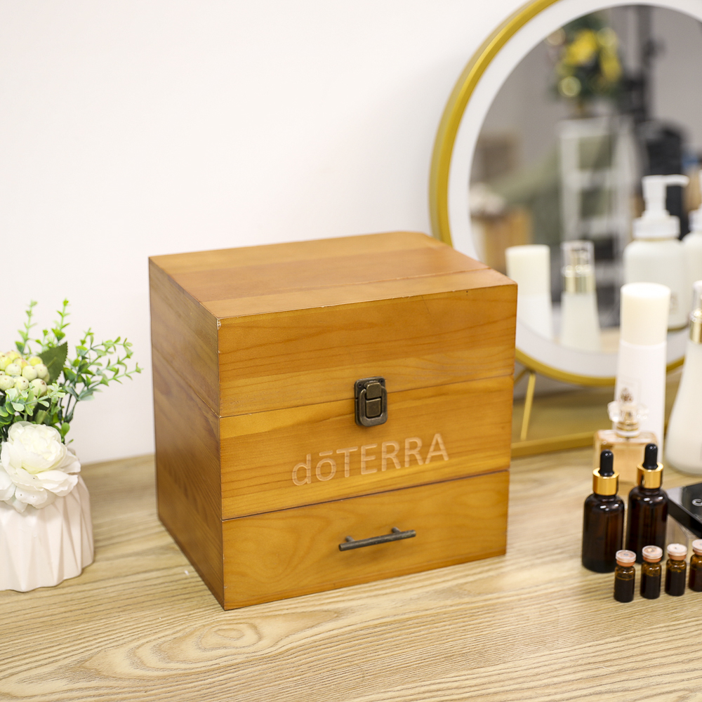 Wooden Doterra Essential Oil Bottle Three Tier Storage Box  46 Compartments Wooden Essential Oil Organizer Box with Drawer