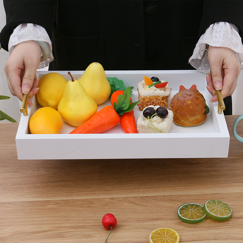 Custom Wooden Rectangular Breakfast Bread Tea Coffee Tray White Color Wooden  Serving Tray With Metal Handles