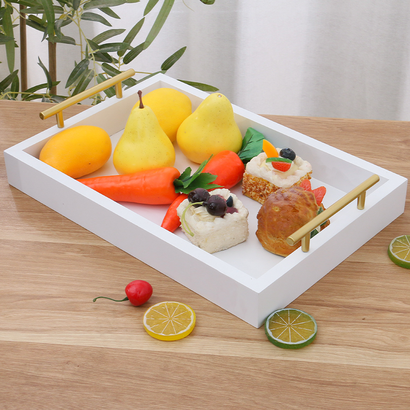 Custom Wooden Rectangular Breakfast Bread Tea Coffee Tray White Color Wooden  Serving Tray With Metal Handles