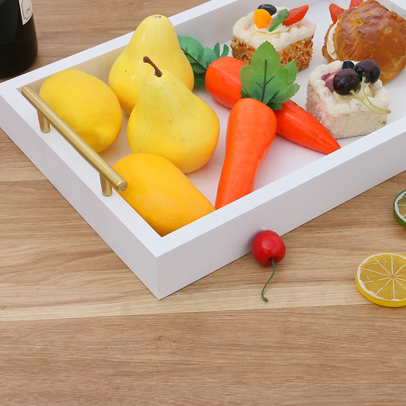 Custom Wooden Rectangular Breakfast Bread Tea Coffee Tray White Color Wooden  Serving Tray With Metal Handles