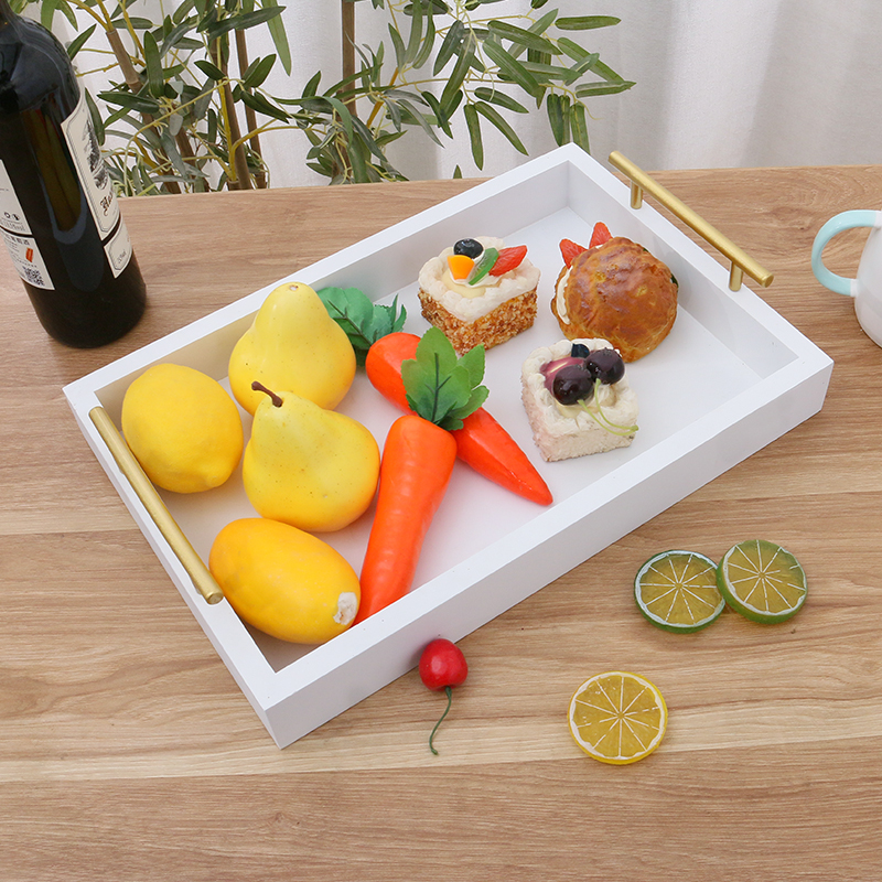 Custom Wooden Rectangular Breakfast Bread Tea Coffee Tray White Color Wooden  Serving Tray With Metal Handles