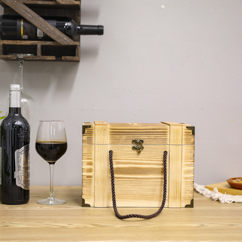 Luxury Packaging Wooden Wine Box Custom Vintage  Wine Storage Gift    Wooden Box With Hinged Lid