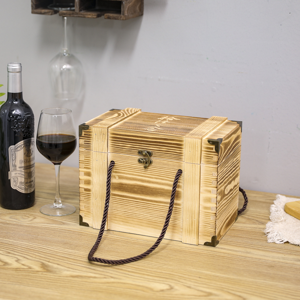 Luxury Packaging Wooden Wine Box Custom Vintage  Wine Storage Gift    Wooden Box With Hinged Lid