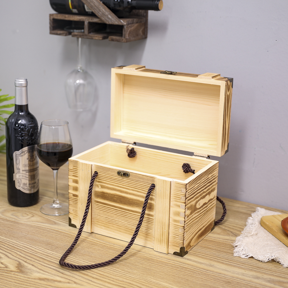 Luxury Packaging Wooden Wine Box Custom Vintage  Wine Storage Gift    Wooden Box With Hinged Lid