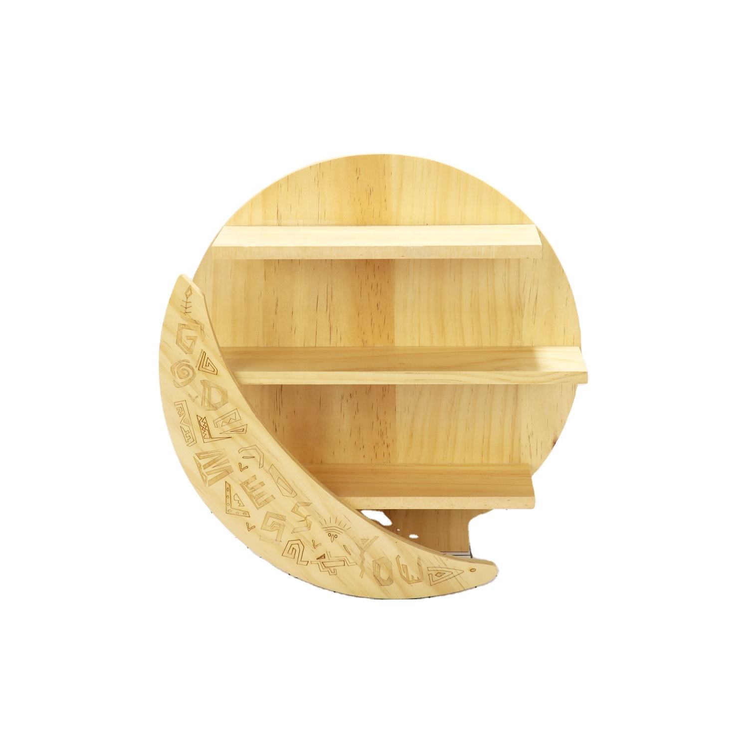 round rustic floating moon display wall mounted hanging storage wooden wall shelf custimized color material and zise