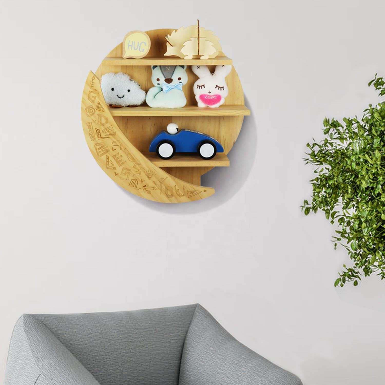 round rustic floating moon display wall mounted hanging storage wooden wall shelf custimized color material and zise