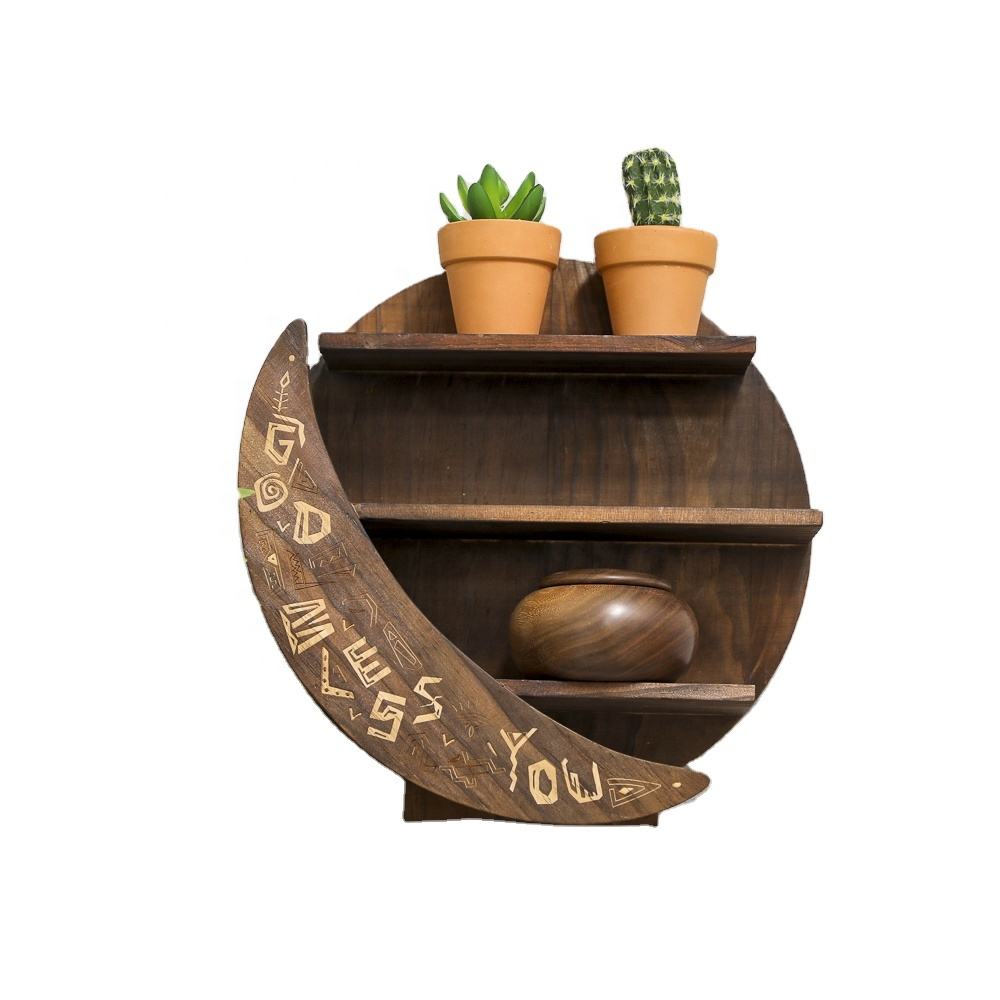 Factory personalised decorative wooden shelf home items storage rack moon shape display shelf living room wall decoration