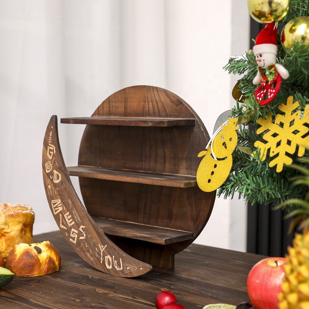 Factory personalised decorative wooden shelf home items storage rack moon shape display shelf living room wall decoration