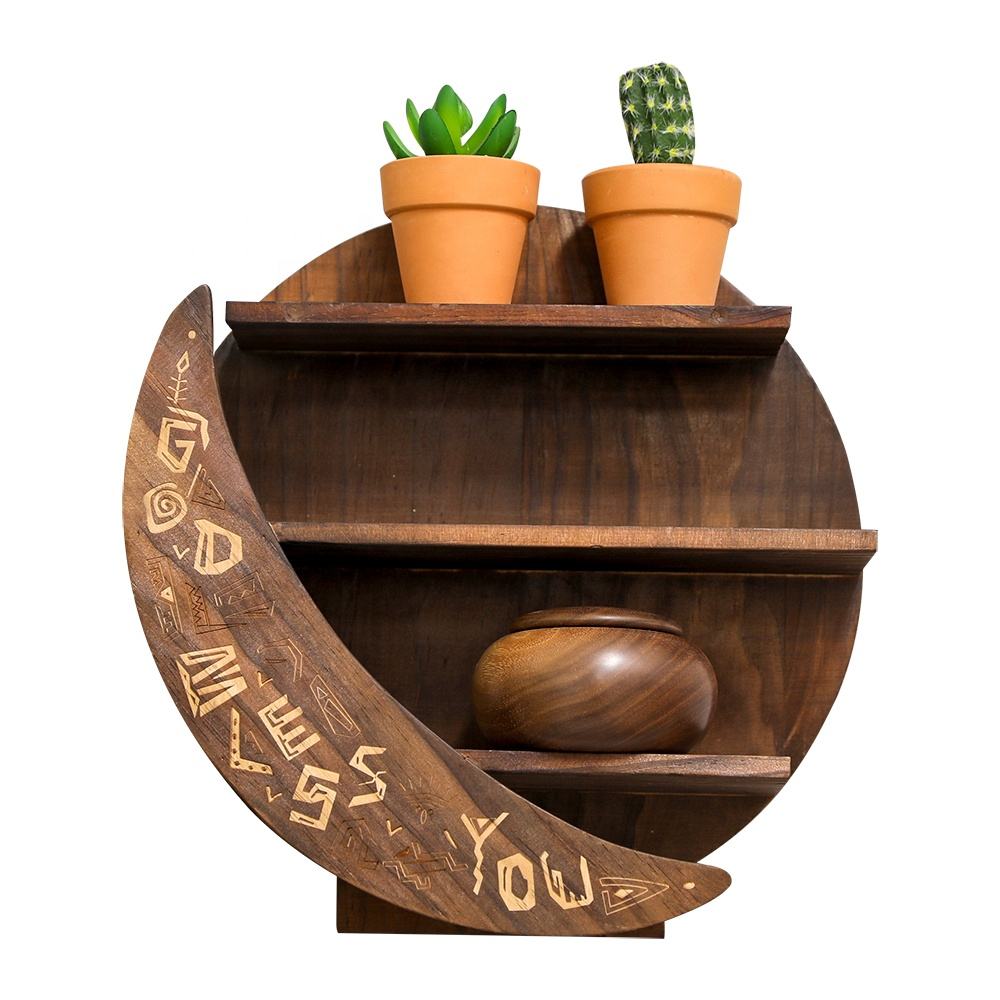 Factory personalised decorative wooden shelf home items storage rack moon shape display shelf living room wall decoration