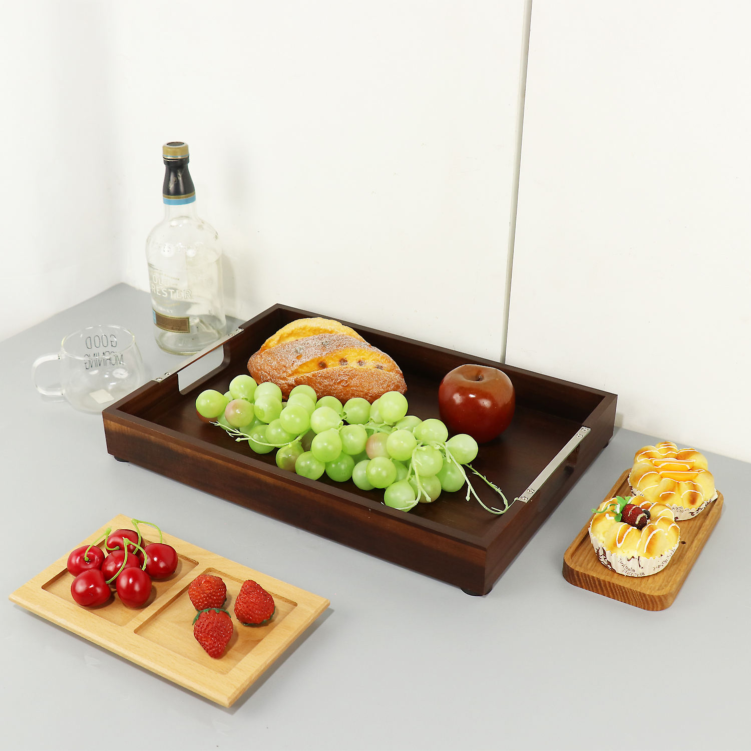 custom FSC wooden tray serving rectangle fruit storage wood serving tray with metal handles