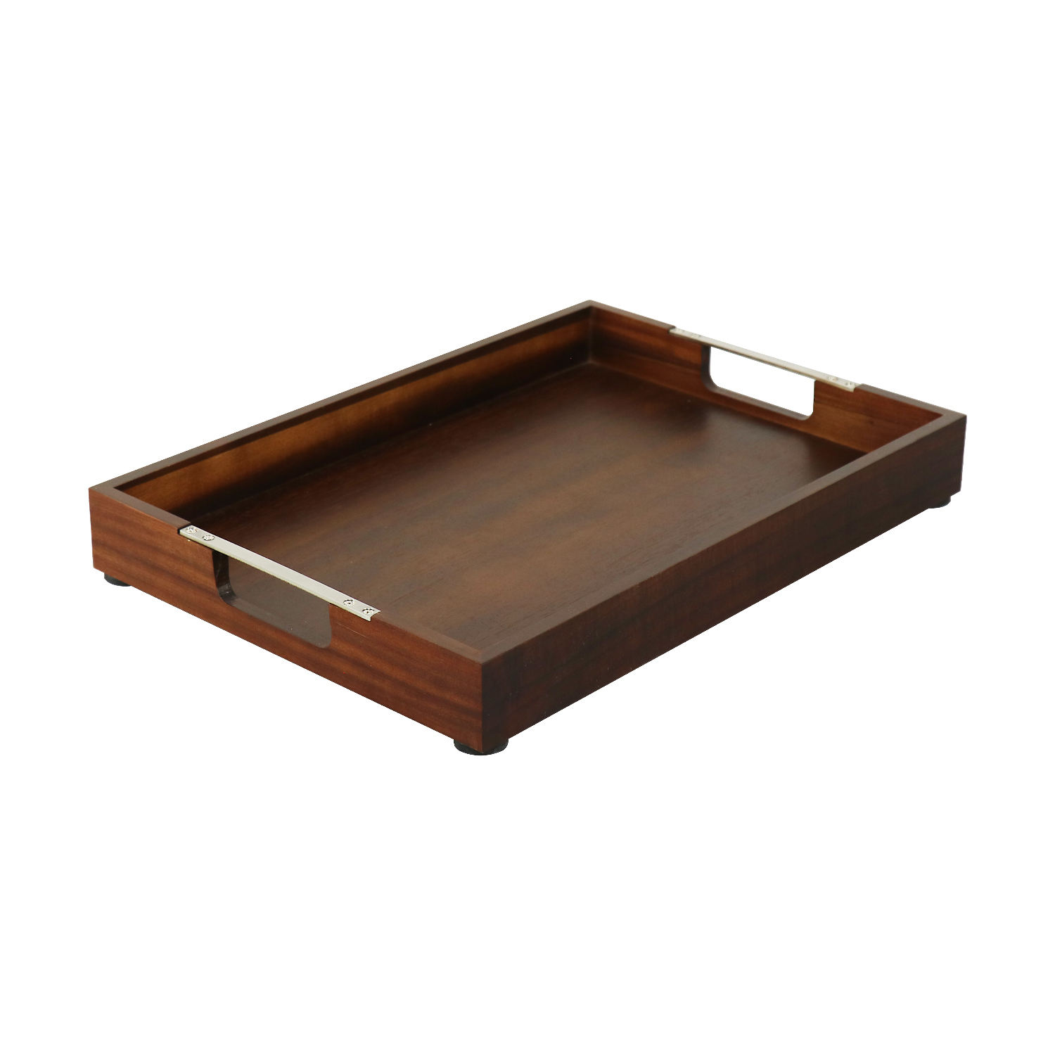 custom FSC wooden tray serving rectangle fruit storage wood serving tray with metal handles