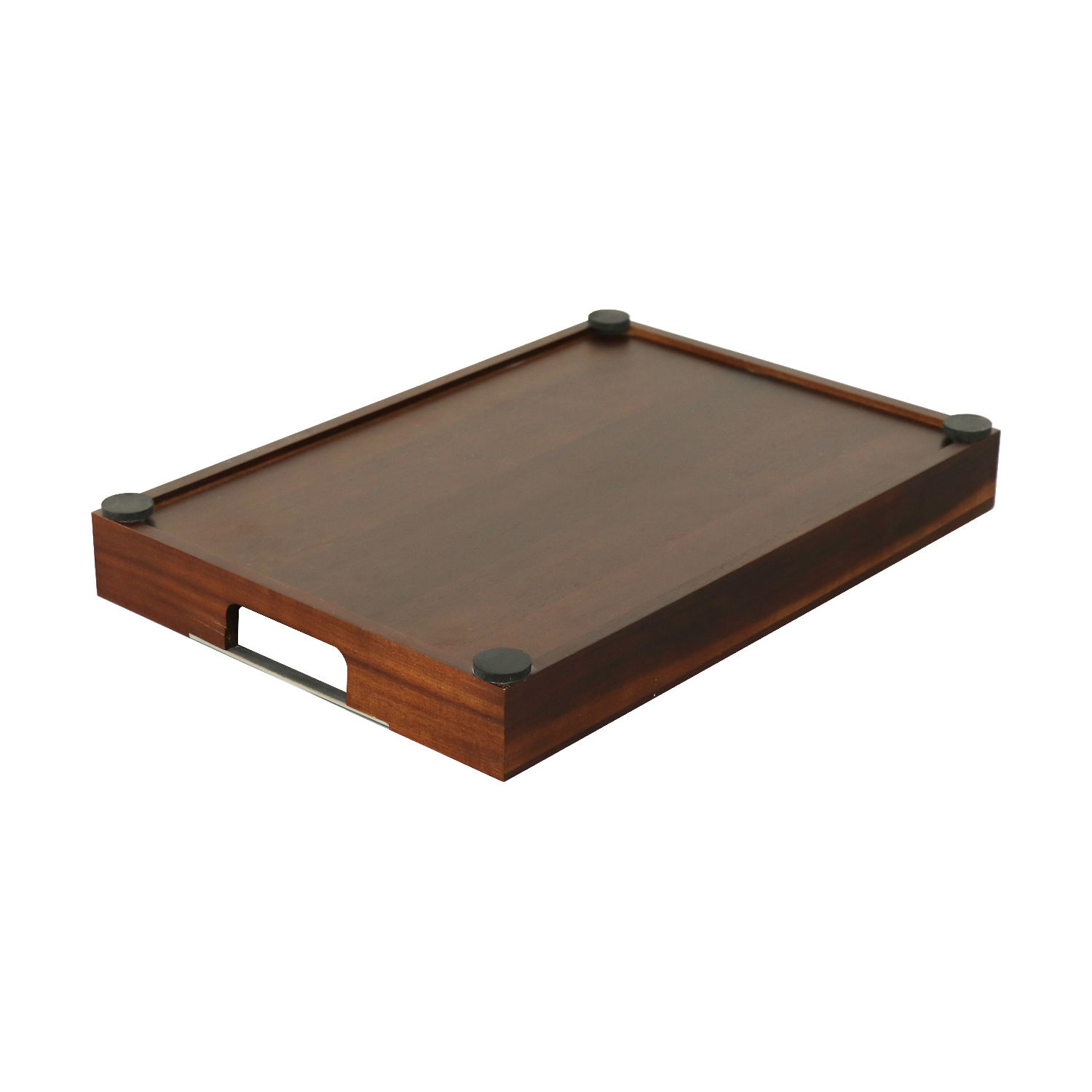 custom FSC wooden tray serving rectangle fruit storage wood serving tray with metal handles