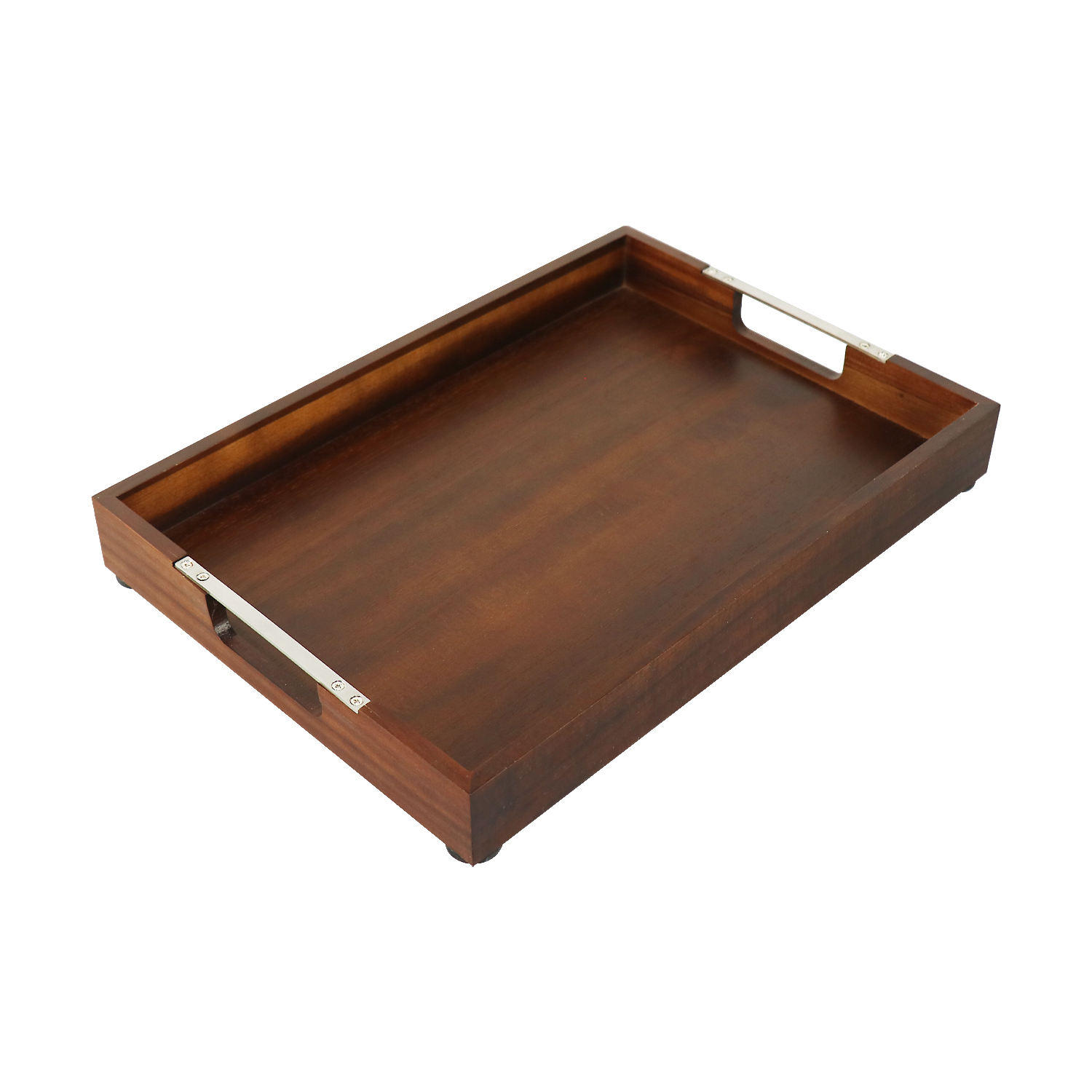 custom FSC wooden tray serving rectangle fruit storage wood serving tray with metal handles