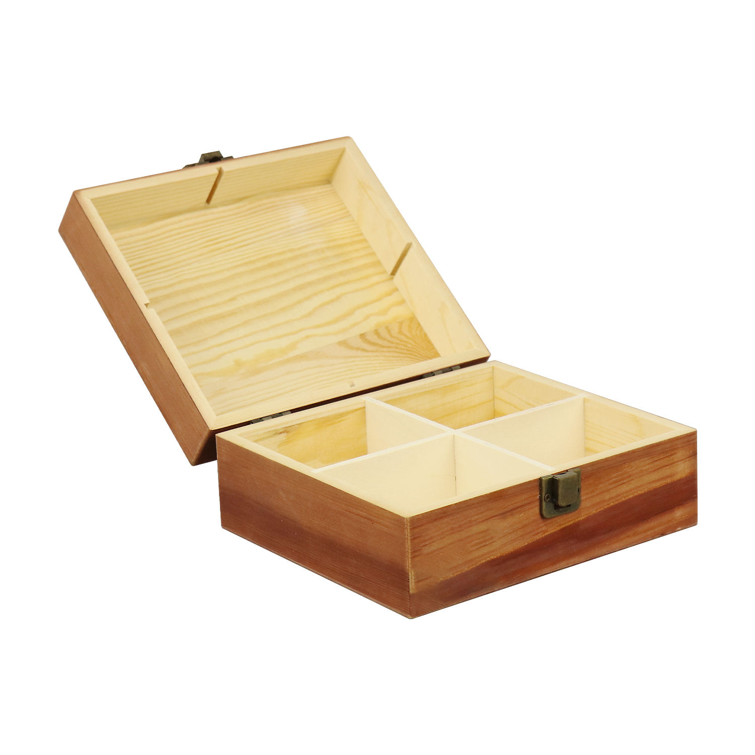 Wholesales 4 comepartment packing boxes wooden craft gift box solid wood keepsake storage box with hinged lid