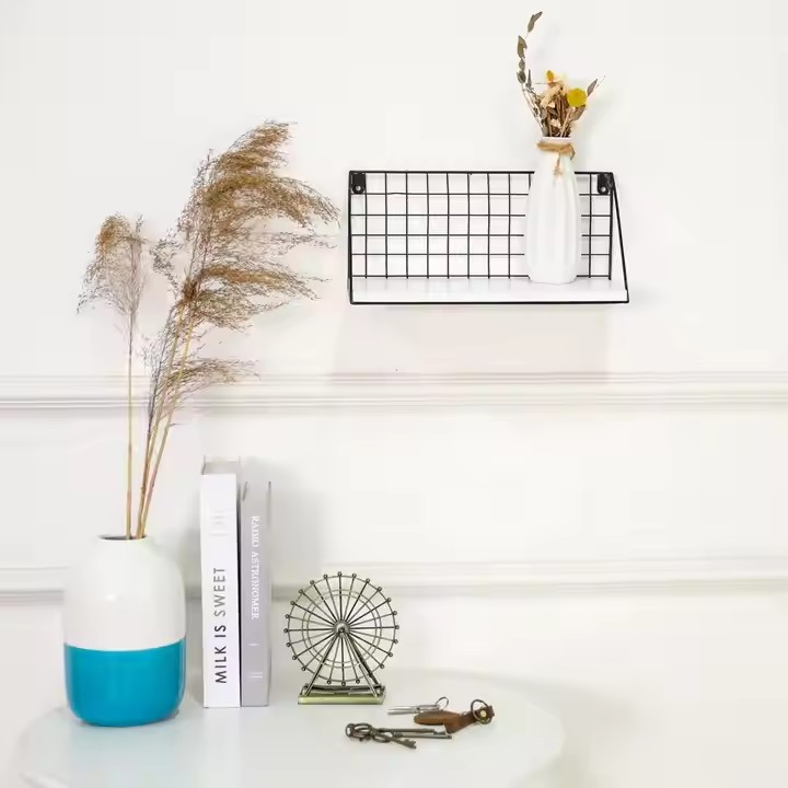 Wooden Wall Shelf With Metal Decoration Factory Personalised Creative Styling White