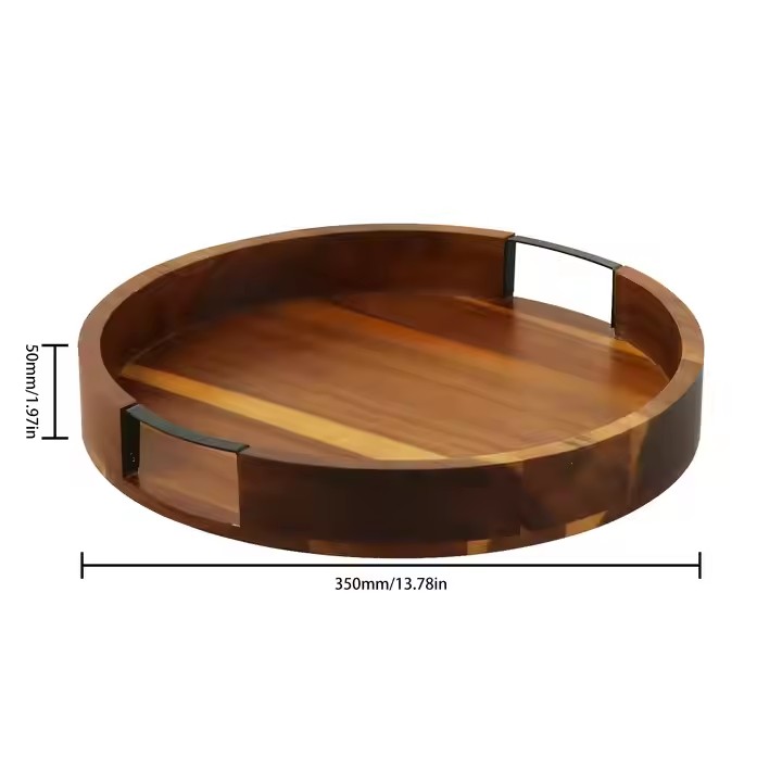 FSC&BSCI Round Wooden Serving Tray with Handles,Wood Serving Trays for Ottoman,Rustic Acacia Wood Circle Tray