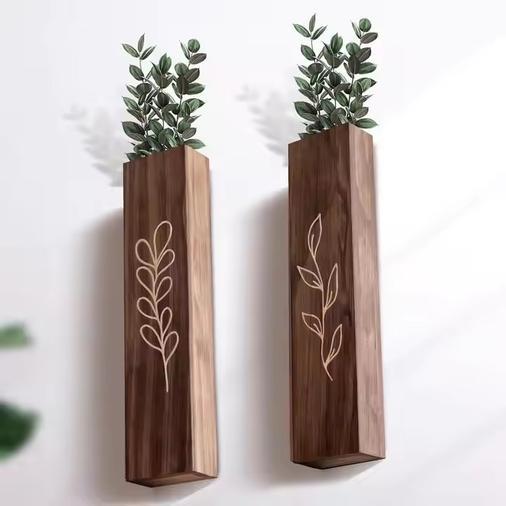 Farmhouse Rustic Wood Wall Planter Indoor Wall Decor 4 Pack Wooden Dried Flowers Pocket Vases