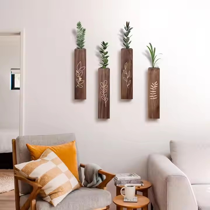 Farmhouse Rustic Wood Wall Planter Indoor Wall Decor 4 Pack Wooden Dried Flowers Pocket Vases