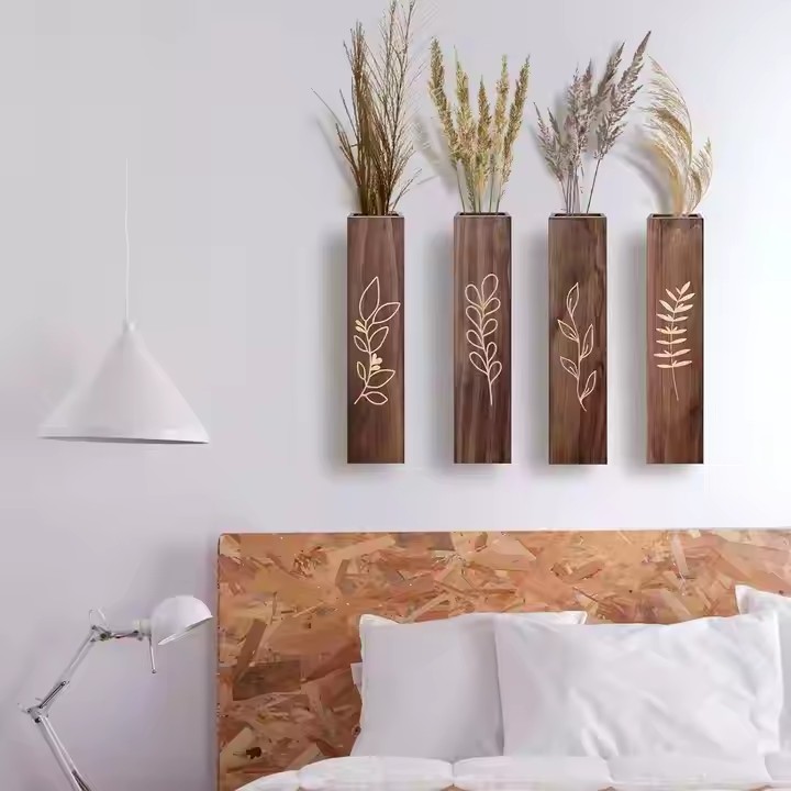 Farmhouse Rustic Wood Wall Planter Indoor Wall Decor 4 Pack Wooden Dried Flowers Pocket Vases